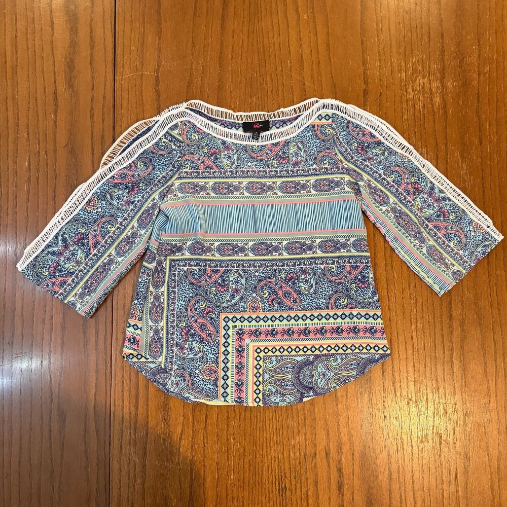 IZ Byer Boho Paisley Blouse Lace Trim 3/4 Sleeve Festival Top M